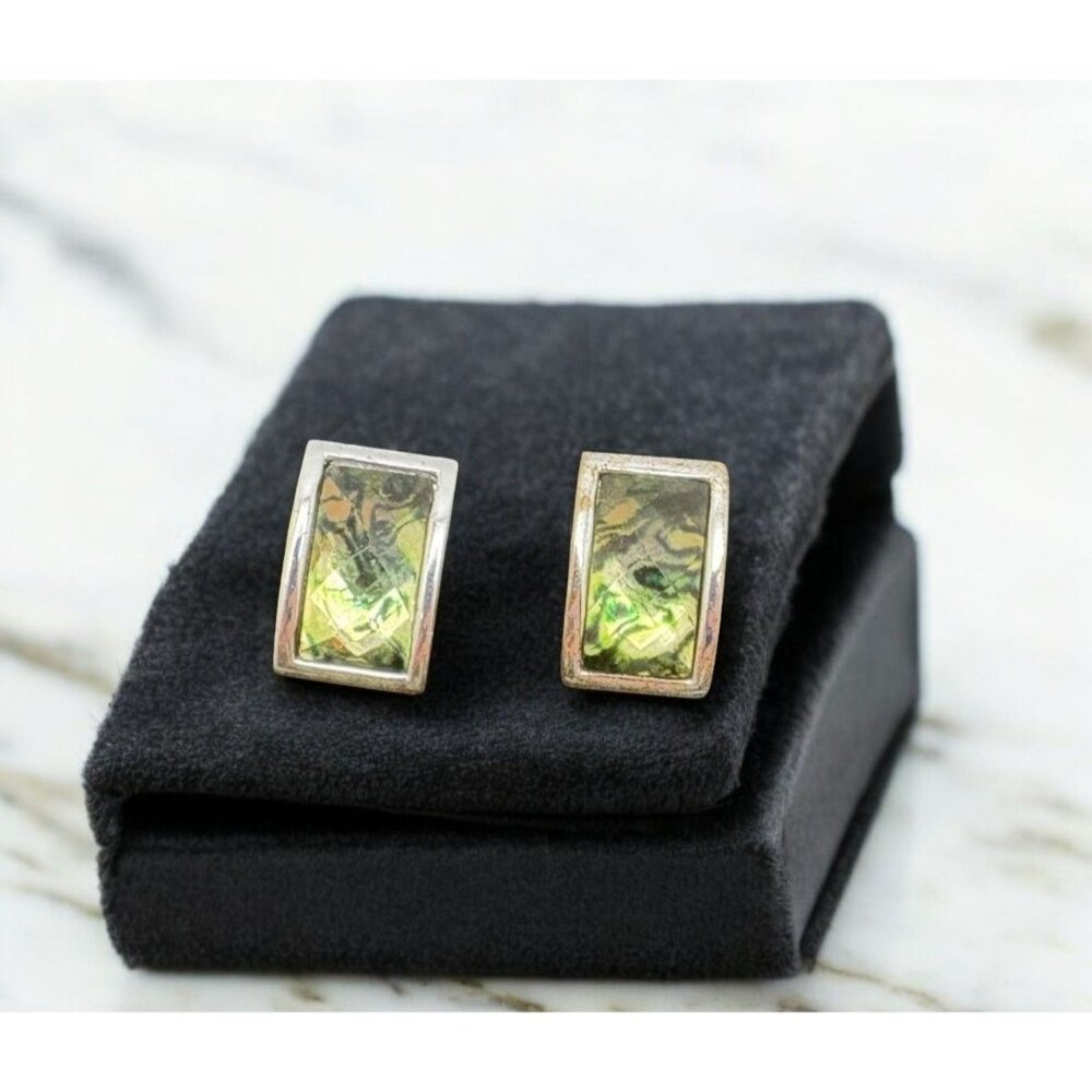 Vintage Silver Tone Green Faceted Earrings Rectangular Stud